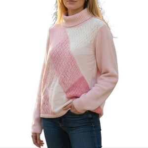 Liz Claiborne Crazy Horse Pastel Pink Colorblock Turtleneck Cotton Sweater